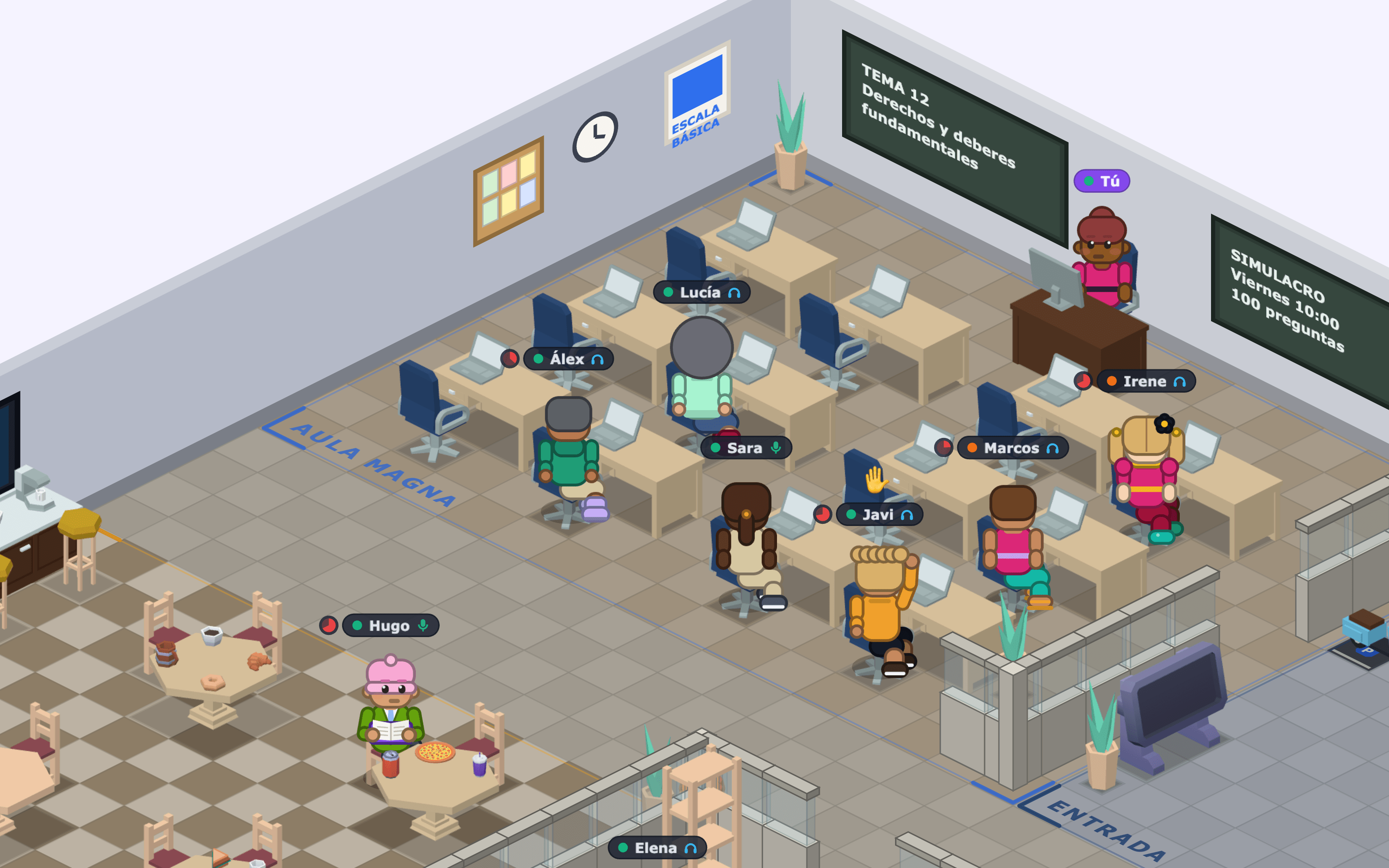 La sala de Policía Nacional en OPOSITA.IO: opositores estudiando juntos en el aula magna, cada uno con su avatar